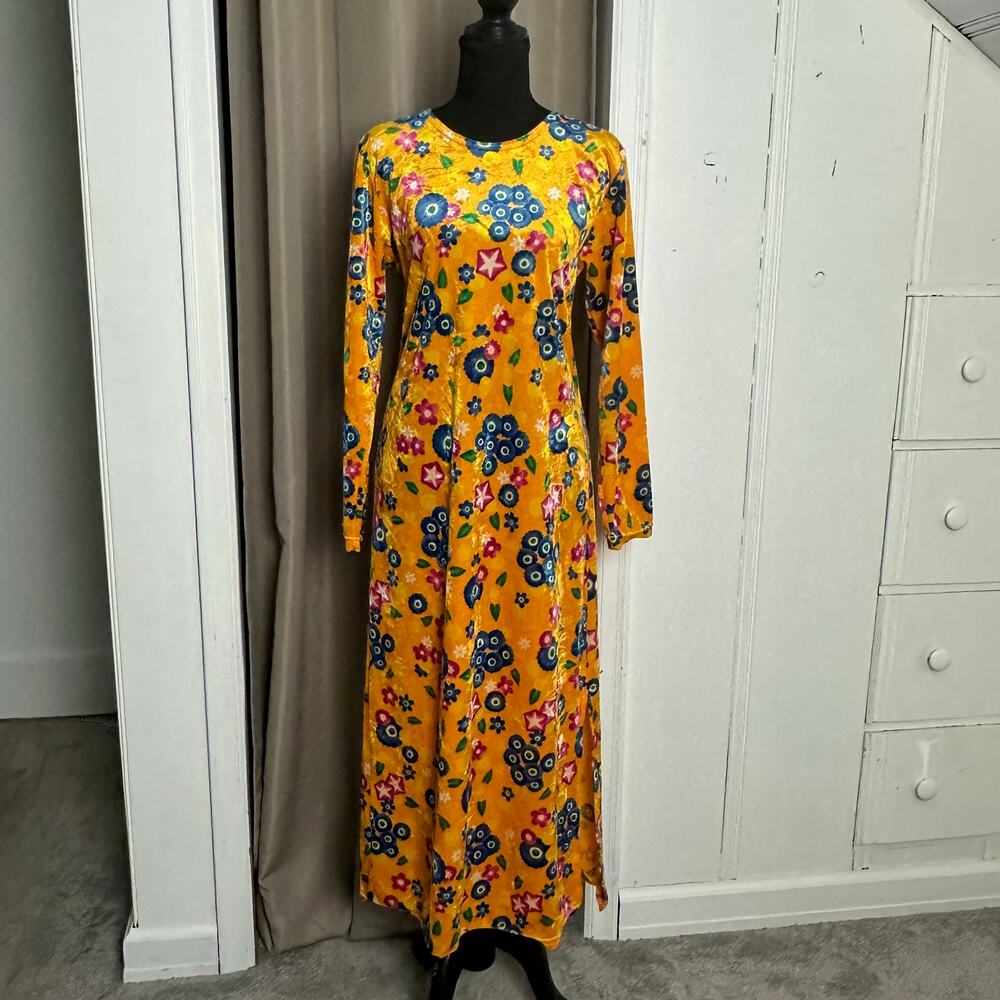 Vintage 90s Y2K Kenzo Floral Crushed Velvet Maxi Dress Yellow Japan Made Sz M
